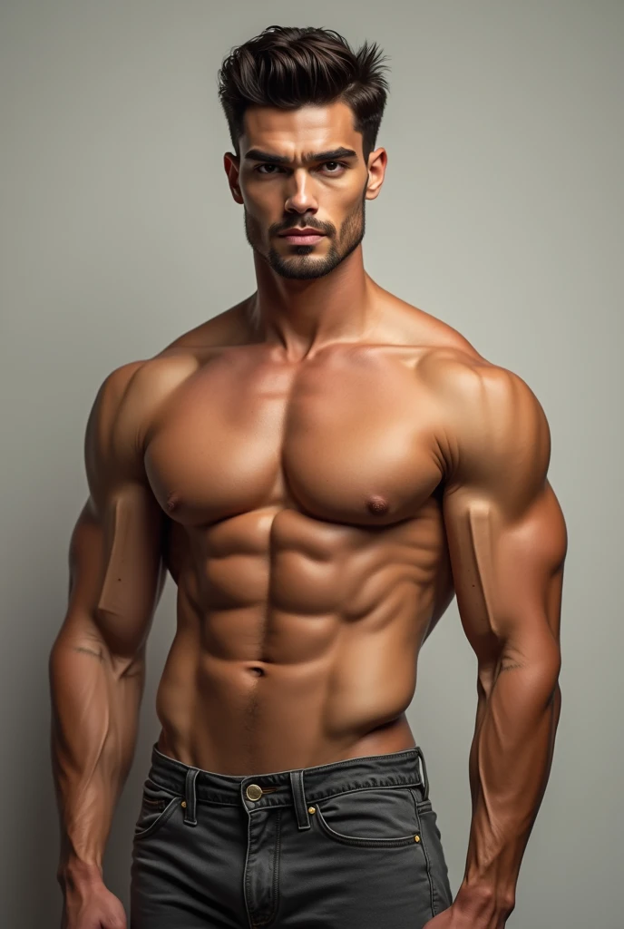 Create a tall, good-looking man with a high nose, sharp eyes, dark eyebrows, a six-pack, and white skin.