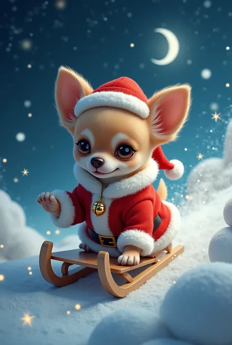 A chihuahua dressed as Santa Claus runs through the night sky on a sled