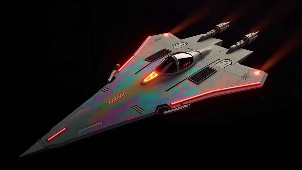 futuristic stealth fighter jet flying through space, covered in rainbow batik pattern and glowing rgb lights, machine gun on each sides of the cockpit, multiple holes on the sides