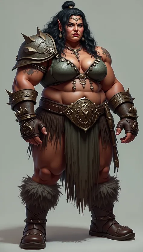 photorealistic full body photo of plus size Barbarian dwarven woman, black girl,(art by Justin Gerard:1.2), (intimidatingpose:1.5),(hands on hips:1.5),(detailed tanned skin:1.5) ,(realistic:1.5),high quality,(muscular body:1.5),(tattoo:1.5) ,intricate deta...