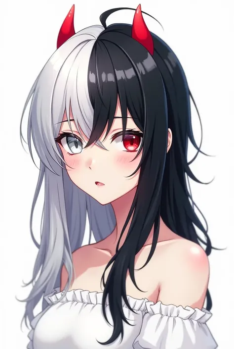 Black,white-((hair)),half,mixed,Right((white)),left((black)),eyes((right-white)),eyes((left-black))//, anime girl, full body, ((detailed)),white background A tiny 2 red horns, looks humanoid