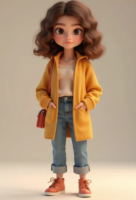 zendiya,Create a piXAR 3D cute character cartoon, casual but stylish outfit, and a neutral facial expression. The background should be simple and plain, highlighting the characters details