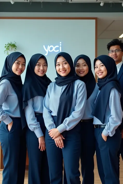 A cinematic shot of three beautiful hijab-wearing women and four young men with jackets cool standing together at a location. The women are wearing blue and white striped shirts and navy blue pants. The men are wearing navy blue jackets and white shirts. I...