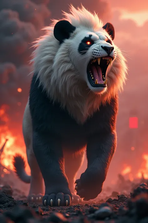 An intimidating hybrid animal that perfectly combines the traits of a lion and a panda, set in a dramatic war zone. The creature has the powerful body and flowing mane of a lion, merged seamlessly with the panda’s bold black-and-white fur patterns. Its glo...