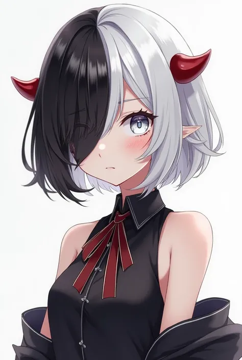 Black,white-((hair)),half,mixed,Right((white)),left((black)),eyes((right-white)),eyes((left-black))//, anime girl, full body, ((detailed)),white background A tiny 2 red horns, looks humanoid,full body