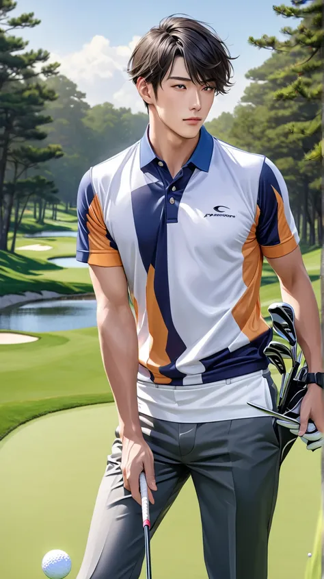  (photorealism:1.2), Handsome japanese man, 22-27 year-old, tight golf jersey, playing golf, look charming 