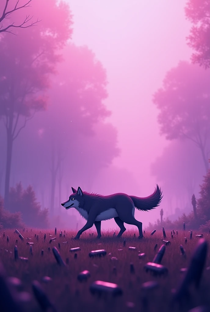 Wolf walking on bullets and purple fog but like a cartoon
