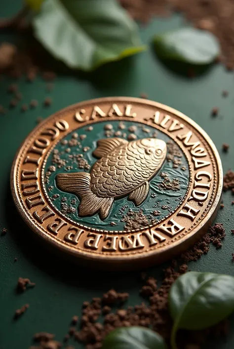 Create a coin with the name around the token of :  Leopoldo Caal Alvarado and in the background a fish and the bird of the quetzal 