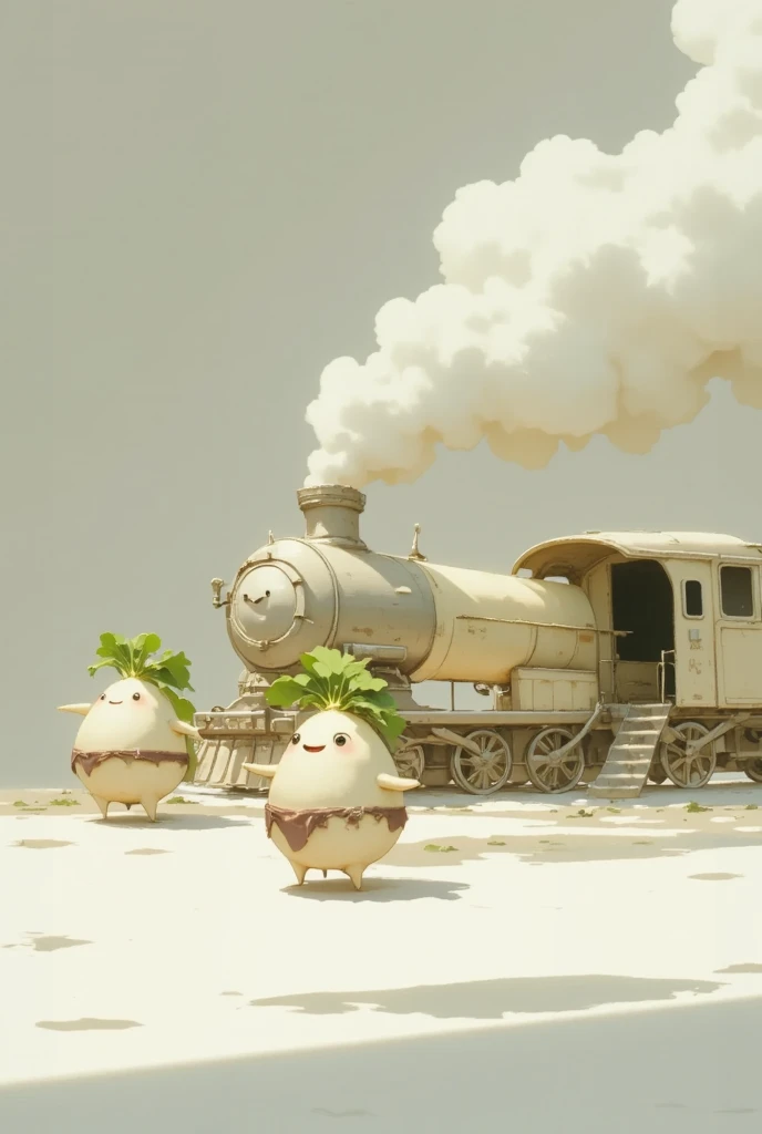 masterpiece, (mini-daikon characters) Run Up the Stairs to the Antique Steam Locomotive:2.0,from side, best quality, digital art ,8k