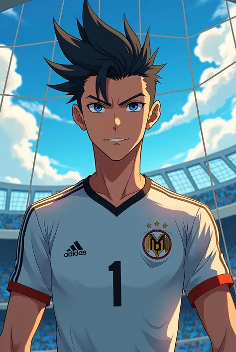 A male anime character with black hair in a slick backed hairstyle in front of a goal with a soccer jersey with the number 1