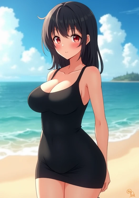 Big chest small height red eyes the wearing black dress in front of a beach
Bluching full body anime girl