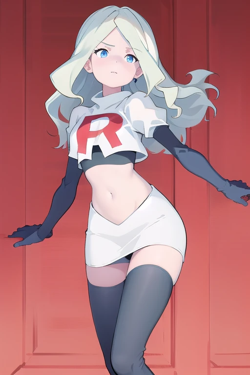 masterpiece, best quality, absurdres, perfect anatomy, 1girl, solo, DianaCavendishBase,DianaCavendish, long hair, jewelry, team rocket,team rocket uniform,white skirt,red letter R,crop top,black thigh-highs,black elbow gloves, sparkling