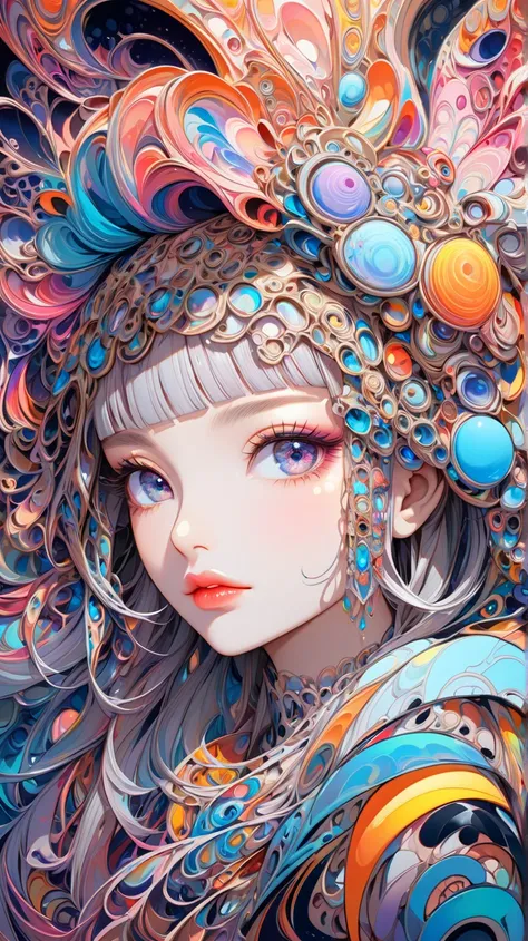 Best quality, highest resolution, 1 girl, Relaxed, upper body, Blunt bangs, long hair, lips eyelashes,Ethereal fashion biopunk background, abstract art, super detailed, aesthetic, chaotic, intricate patterns and shapes, coloring with water-based acrylic pa...