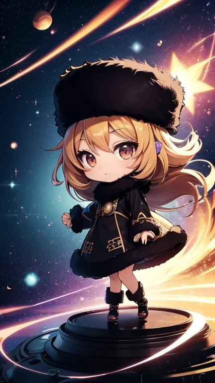 (Chibi:1.5)、 girl 、1 person、Full speed、warp, space-time, fantasy, emotional, cute, steam locomotive, fur ornament、Black Hat、 fur hat、 dress,　