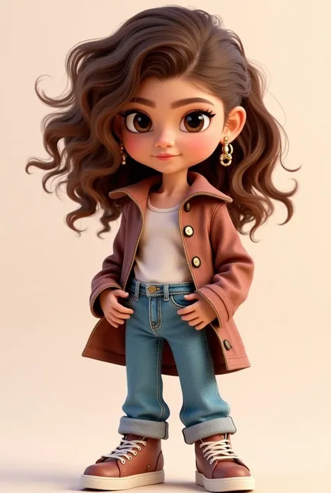 zendiya, Create a piXAR 3D cute character cartoon, casual but stylish outfit, and a neutral facial expression. The background should be simple and plain, highlighting the characters details