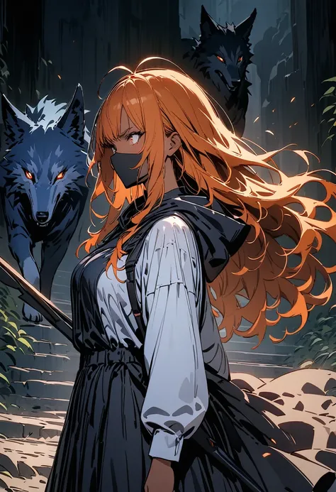 (masterpiece),(best quality),(ultra-detailed),(best illustration),(best shadow),(absurdres),(detailed background), Detailed face, Detailed hair, , 1 girl, orange hair,long hair, dark skin, ethereal aura, wearing a hunter outfit, hood, black facial mask, se...