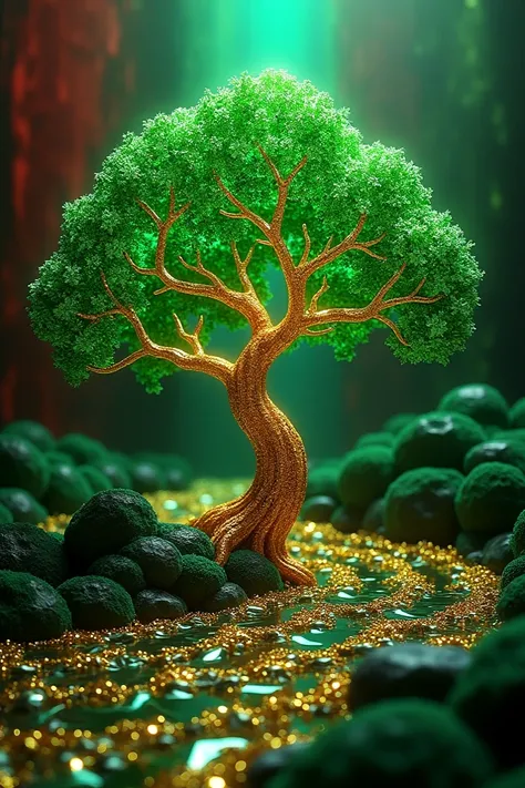 paint the picture with a background color of green and red, on which there will be a classic wave pattern in gold. The central image is a tree made of green gemstones.