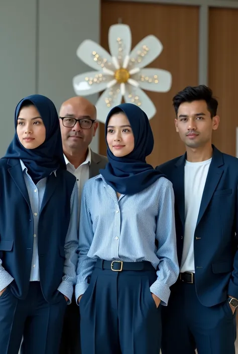 A cinematic shot of three beautiful hijab-wearing women and four young men with jackets man standing together at a location. The women are wearing blue and white striped shirts and navy blue pants. The men are wearing navy blue jackets man and white shirts...