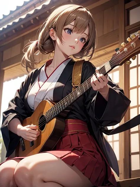  female lute player 、 is obsessed with performing in a loose kimono、Blind Woman 、Japan&#39;s Heian Period、 Playing Biwa 、 morbidly white skin 、 Sitting on the Veranda of a Temple and Playing {x} Long Black Hair Gathered in the Back、Lute player 、 Big Breast...