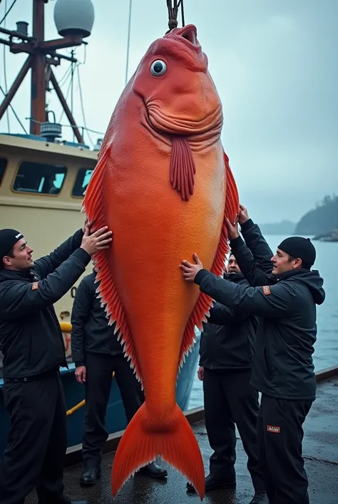 Realistic photo of the orange, almost red fish from which people look out with their hands on its head and legs. The huge sea creature is being carried onto an Alaskan fishing boat by several men in black work . Its a cloudy day at dawn over North America....