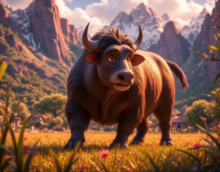 A formidable bull in the field watches the jump with his head slightly tilted down,  with mountains and forest in the background