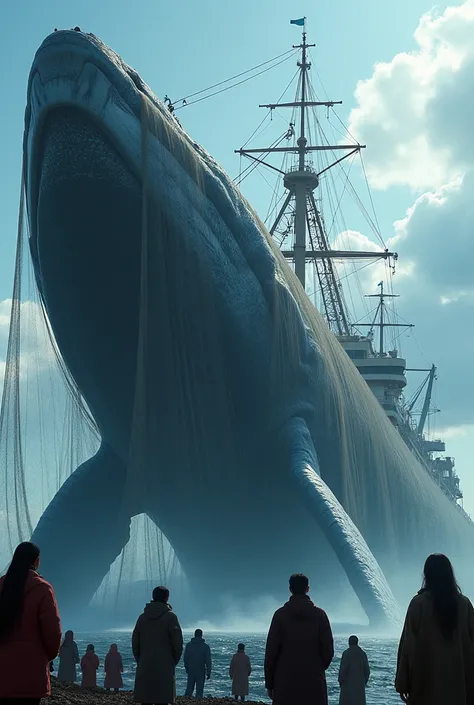 huge whale Caught in the net people standing with it and background huge Ship is showing, Photorealistic, 8k Quality, Pizar Render