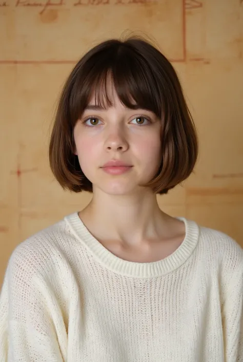 Short hair and white summer knit, summer knit, short hair, short hair with bangs, girl with cute face, cute fine face in portrait, French bob, pale fair skin!!, short brown hair and big eyes, soft portrait shot 8 k, beautiful light big eyes, beautiful youn...