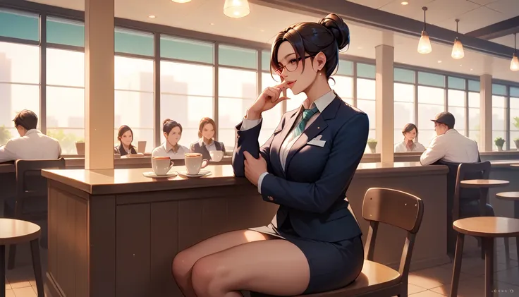 Ultra-realistic,  best quality , High image quality,  Details,  high definition , 8k, 超 high definition ,  soft saturation,  professional quality ,   perfect contrast ,  perfect lighting ,  great quality, a woman sitting in a cafe, lofi