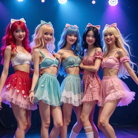 
Full raw photo of 5 beautiful female Net Idols dressed in Lolita style outfits, each with different hair colors red, blue, gold, black and green. Each of them is dancing cheerfully K pop, having fun on stage at a concert