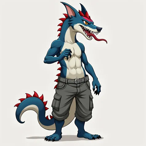 Character design, hi-res, good graphics, great anatomy, anatomically correct, detailed body, inspired by (Rokudenashi, bna v5, dangpa), shark dragon hybrid, blue body with red markings, Tongue out, split Tongue, brown eyes, cargo pants