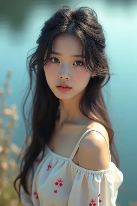 Prompt:
“A soft, dreamy portrait of a young woman with long, slightly tousled dark hair and natural makeup, gazing thoughtfully into the distance. She is wearing a delicate white blouse with subtle red floral accents, adding a touch of elegance. The lighti...