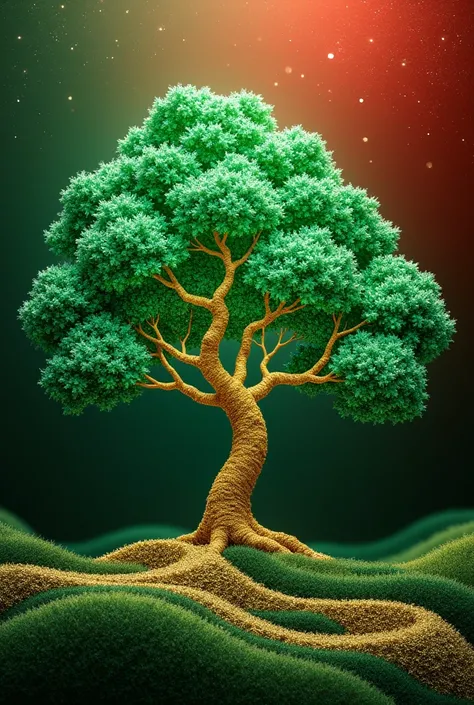 paint the picture with a background color of green and red, on which there will be a classic wave pattern in gold. The central image is a tree made of green gemstones.