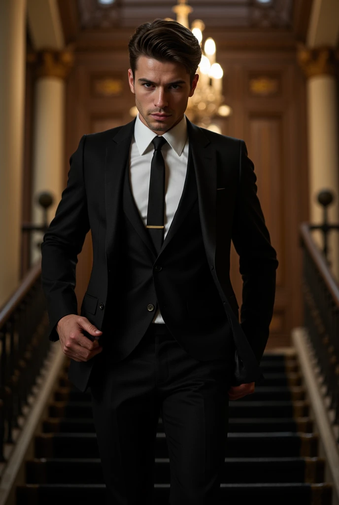  A young man climbing the stairs wears a black suit with a black shirt and black tie., attractive and very manly . Arrogant and cunning .      