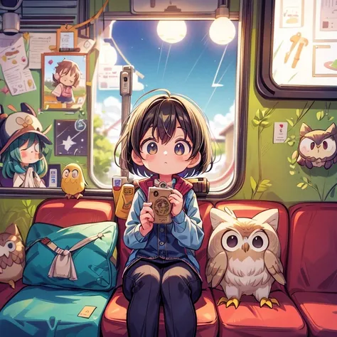 A train that transcends time and space、 cute girl、Chibi character、 owl under guard、, The view from the seat of the Galaxy Express、((A fantastic view from the train window)),​masterpiece、top-quality、  best image quality