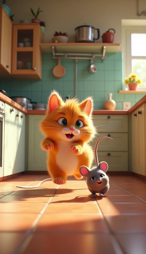 Create a lively animation featuring a fluffy, curious cat and a clever, mischievous mouse in a kitchen setting. The cat is determined to catch the mouse, but the mouse uses everyday kitchen items—like pots, spoons, and a rolling pin—to escape in comical wa...