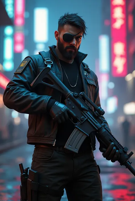 with cyberpunk ,  aiming with a futuristic machine gun, with eye patch.  blurry cyberpunk style background 