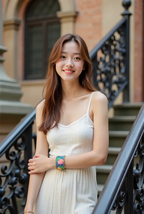 This is a high-resolution photograph of a young Asian woman standing on a wrought iron staircase in an outdoor setting. She has long, straight, light brown hair that cascades over her shoulders, and she is smiling softly at the camera. Her complexion is fa...