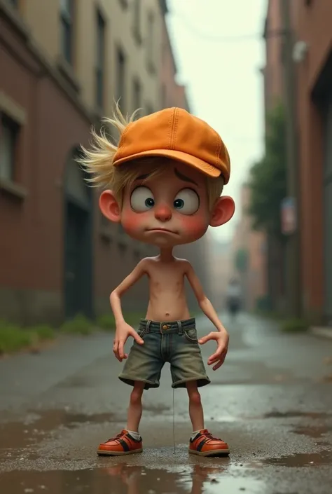 Skinny blond white boy with severe autism wearing an orange baseball cap and looking like hes about to take a shit. Faraway comedic shot. His eyes are small and his chin is recessed (real)