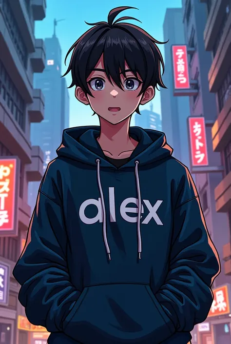 A male-style anime character ,  wearing a hood and a t-shirt with Alexs letters 