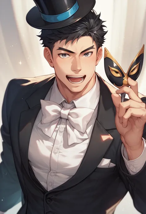 1boy, male focus, solo, mamoru chiba, tuxedo mask, top hat, mask, hat, bow, open mouth, white bowtie, black hair, short hair, formal, suit, muscular boy 