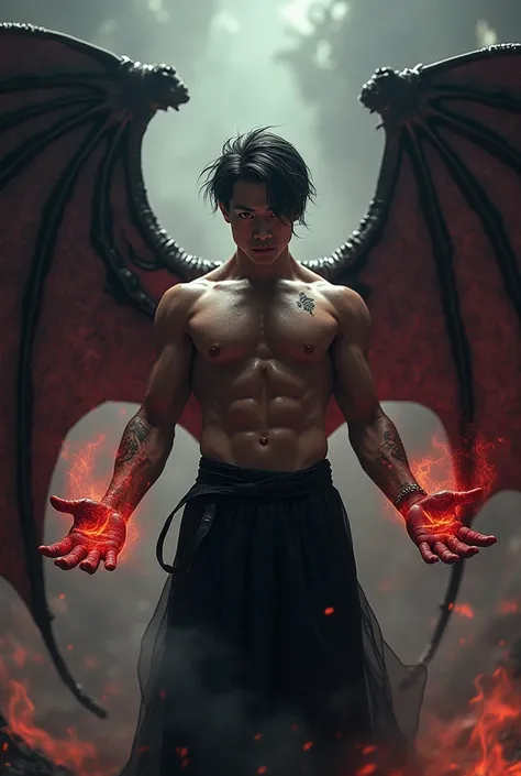 Asian shirtless man. Demon wings. Cold blooded eye. Dark hair. Sporty body. Look straight deep to the screen. Demon powerful hand. Seductive. Demonic background. Uses dark magic.