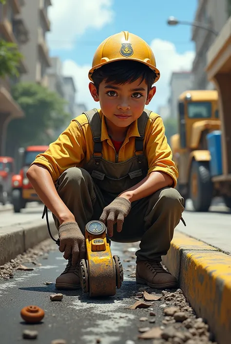 Give me a image where young boy ronaldo working in road