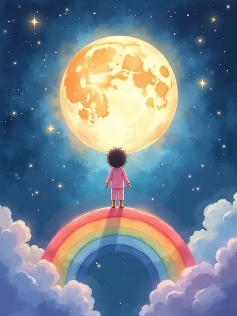 A whimsical, enchanting watercolor illustration in a Boho style, featuring a cute young  standing on a rainbow in the middle of the universe, seen from behind. The  is facing forward, looking up at a large, glowing moon in the distance. The  stands confide...