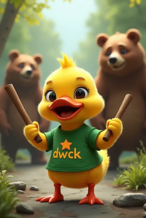 a cute yellow duck wearing a green t-shirt with a dwck sign on the shirt holding a stick ready to fight the bears