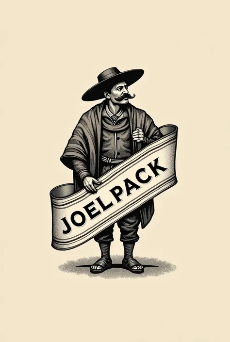 I want a logo for a bottle of whiskey with the name of Joel Pack with an image of an Arequipa character but the label diagonally 