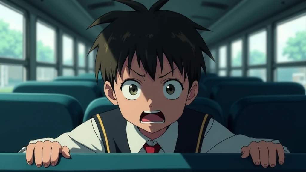 Anime, close shot, boy in school uniform sitting at the front seat of a school bus, he has a terrified scared face expression 