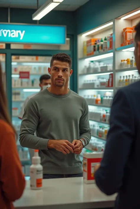 Cristiano Ronaldo at the pharmacy buying cough syrup 

