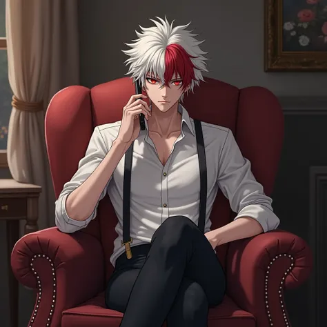  Kaedehara Kazuha (man),  white hair,  red hair lock, red eyes, Casual clothing, sitting in an armchair,  talking on the phone , with a serious face