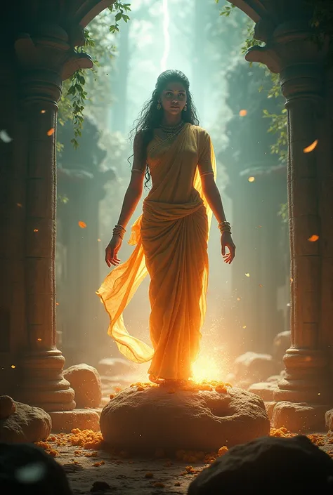 "An ultra-realistic HD movie poster in a 1:1 aspect ratio inspired by Indian mythology. It features Devi Ahilya in a traditional saree, symbolizing her role as the devoted wife of Gautam Rishi. Her upper half is depicted as a lifelike human form, while her...