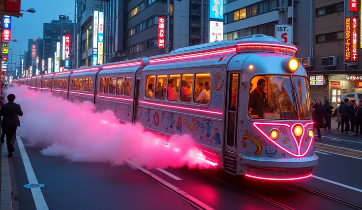 (The Soul Train (a neon disco train, with many 70s lewd disco dancers on the train cars), is floating slightly above te road and billowing neon steam as it dance/drives down the main street of 2050 Tokyo